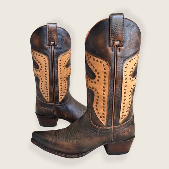 $399 RARE Frye Daisy Duke Stud Brown Tan Real Leather Vintage Cowboy PullOn Boot